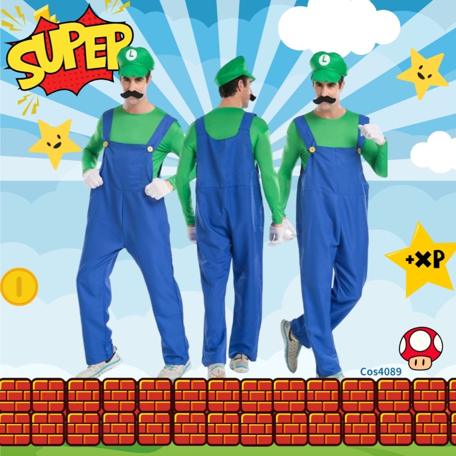 Luigi路易吉主題成人男士工人褲6件套｜Mario Cosplay萬聖節Luigi服裝｜Lets Cosplay Cos4089