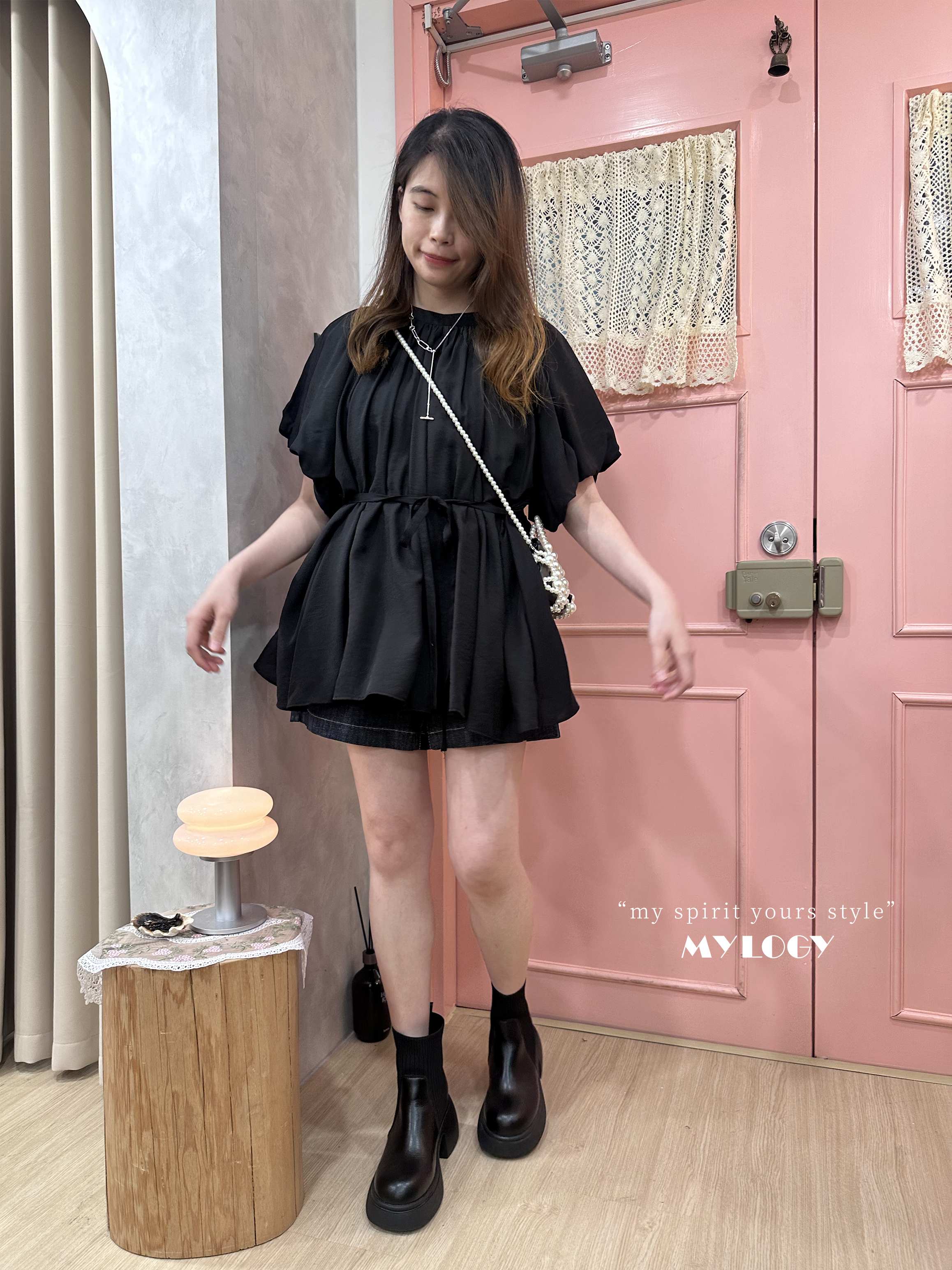 雲上的邱比特～泡泡袖綁帶襯衫 (內付頸/腰帶) AD0004 - 黑色 Black