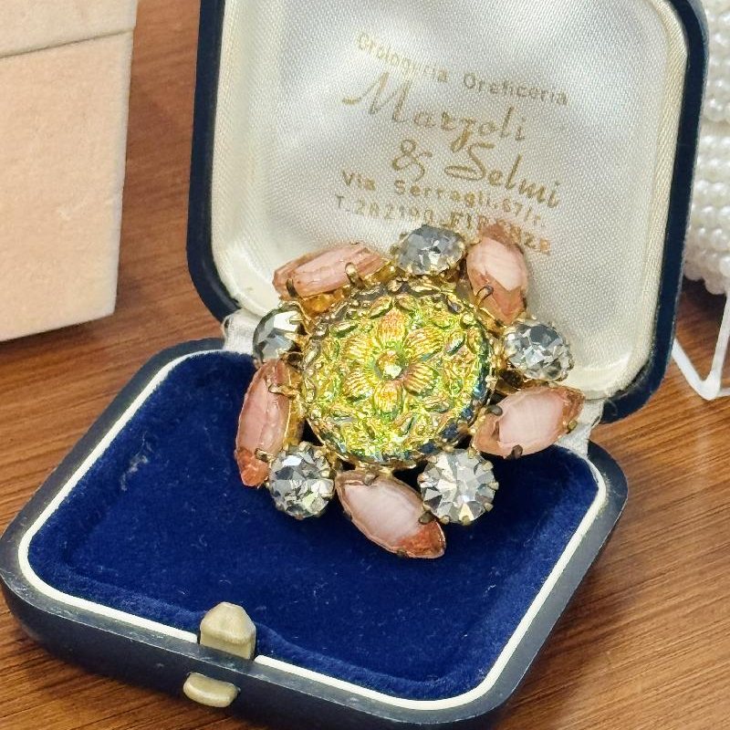 Vintage Recomposed Sparkling Brooch with Antique Czechoslovakian Button(B054)