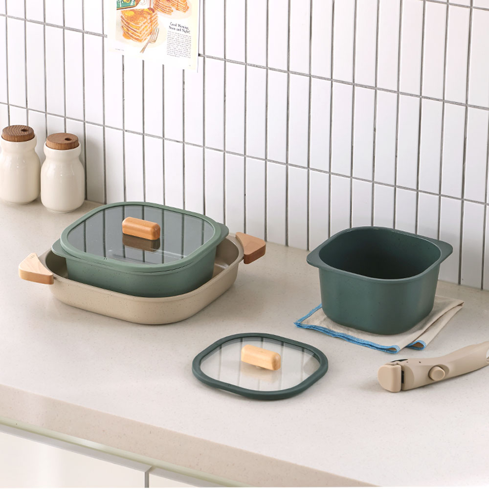 Neoflam - FIKA Objet Comfort 16cm湯鍋 / 20cm燉鍋 / 25cm煎鍋 + 木手柄2件 (植物綠色)