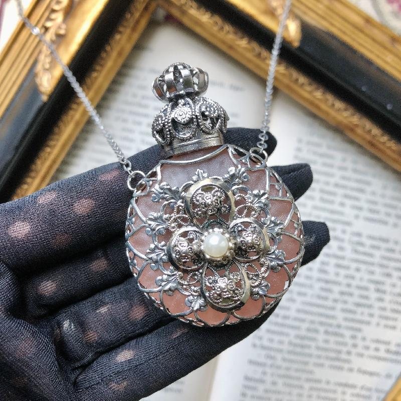 Vintage Recomposed Refined FIligree Design on Rosé Frosted Glass - Purse Perfume Glass Bottle Necklace(MT1696)