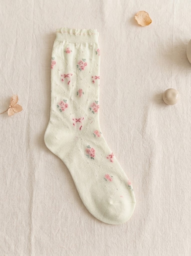 Korean Rose Floral Lace See-Through High Crew Socks