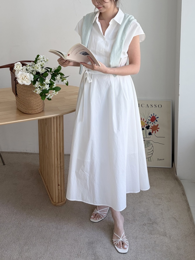 Elasticated Waist Shirt Dress (White)