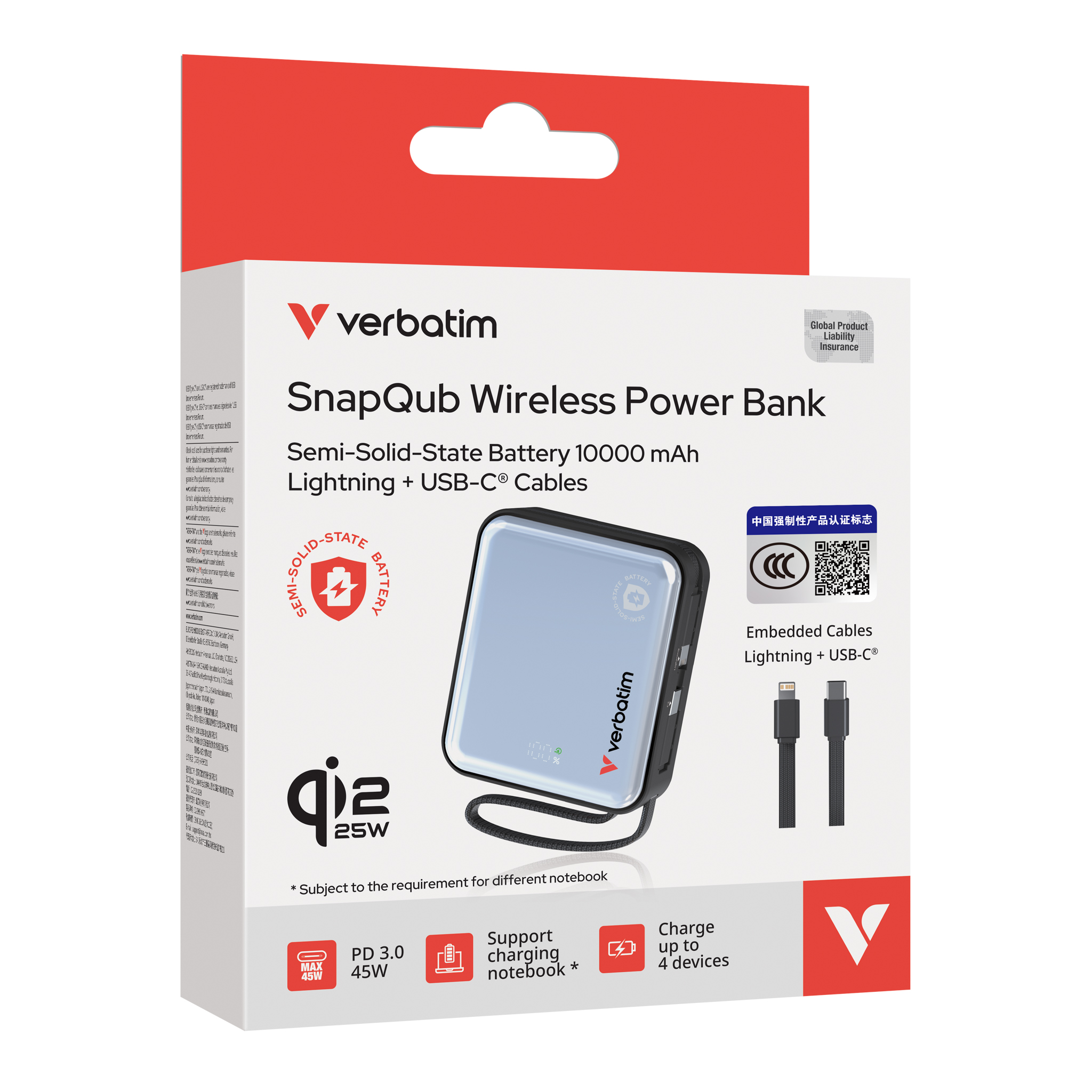 香港行貨 兩年保養 (*3C認證+二維碼）VERBATIM 威寶 SnapQub 10000mAh Qi2.2 L+C 半固態磁吸無線流動充電池 30270/30271