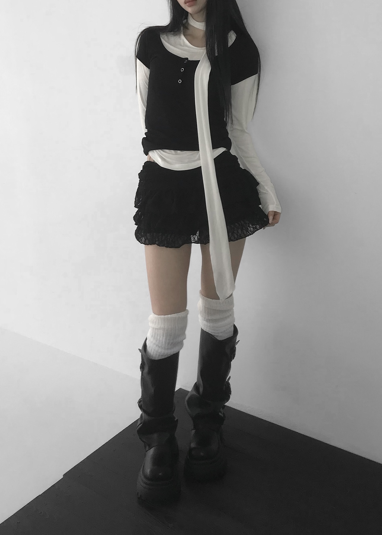 Ruched Button Long Sleeve with Scarf Tie