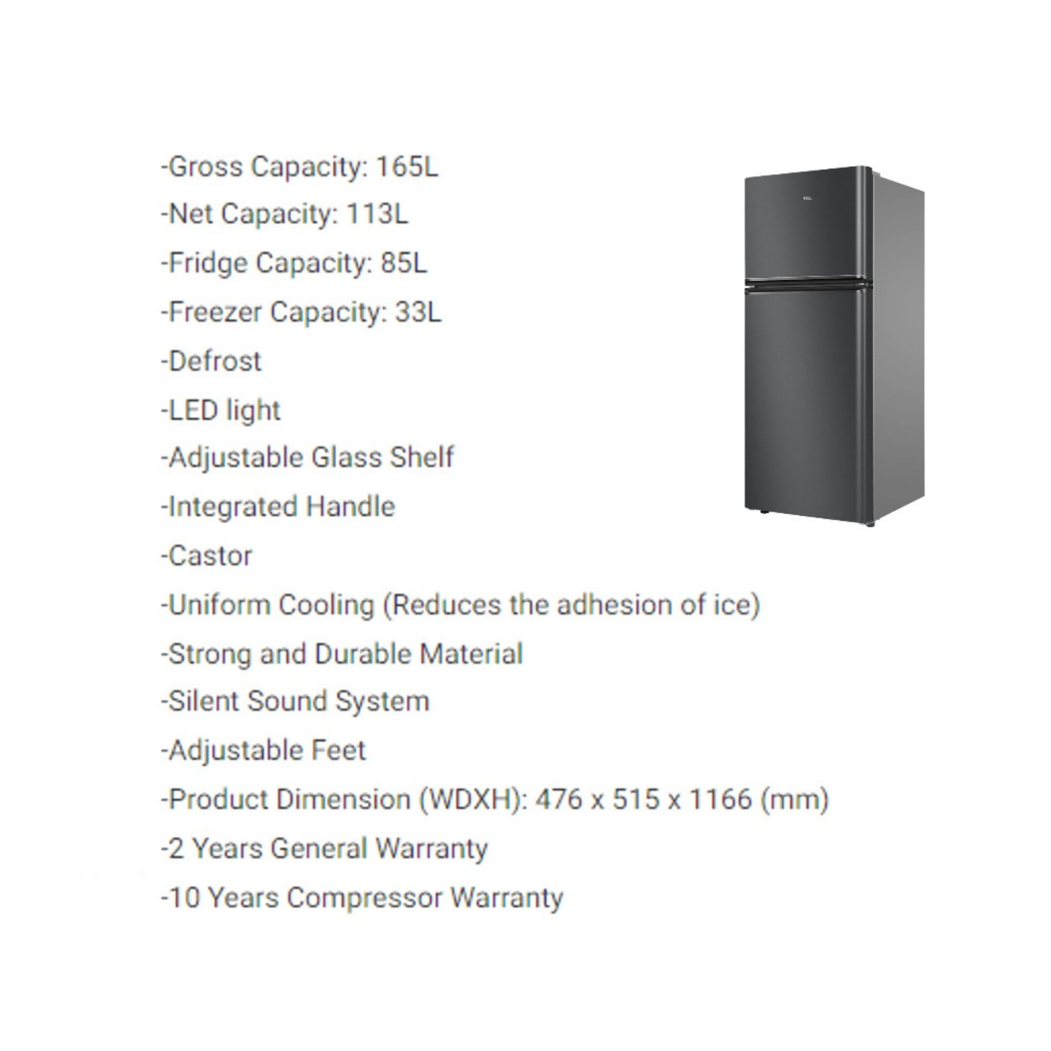 TCL 118L Top Mount Refrigerator (TR-NT185AB)