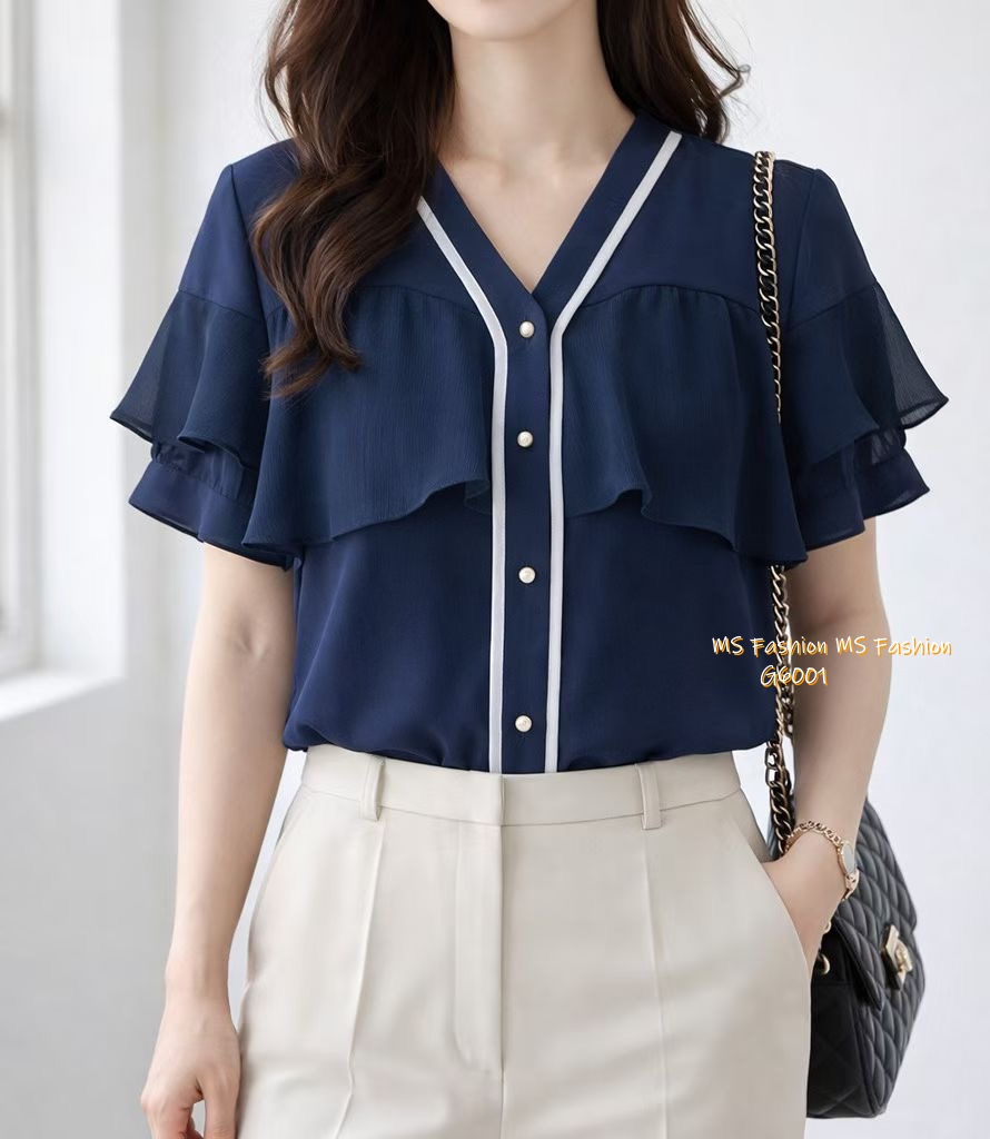 G6001 韓國🇰🇷靚料V領ruffle top