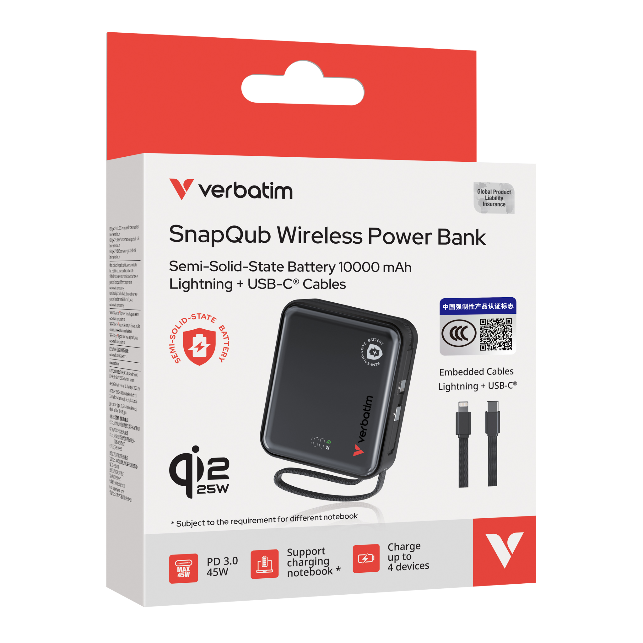 香港行貨 兩年保養 (*3C認證+二維碼）VERBATIM 威寶 SnapQub 10000mAh Qi2.2 L+C 半固態磁吸無線流動充電池 30270/30271