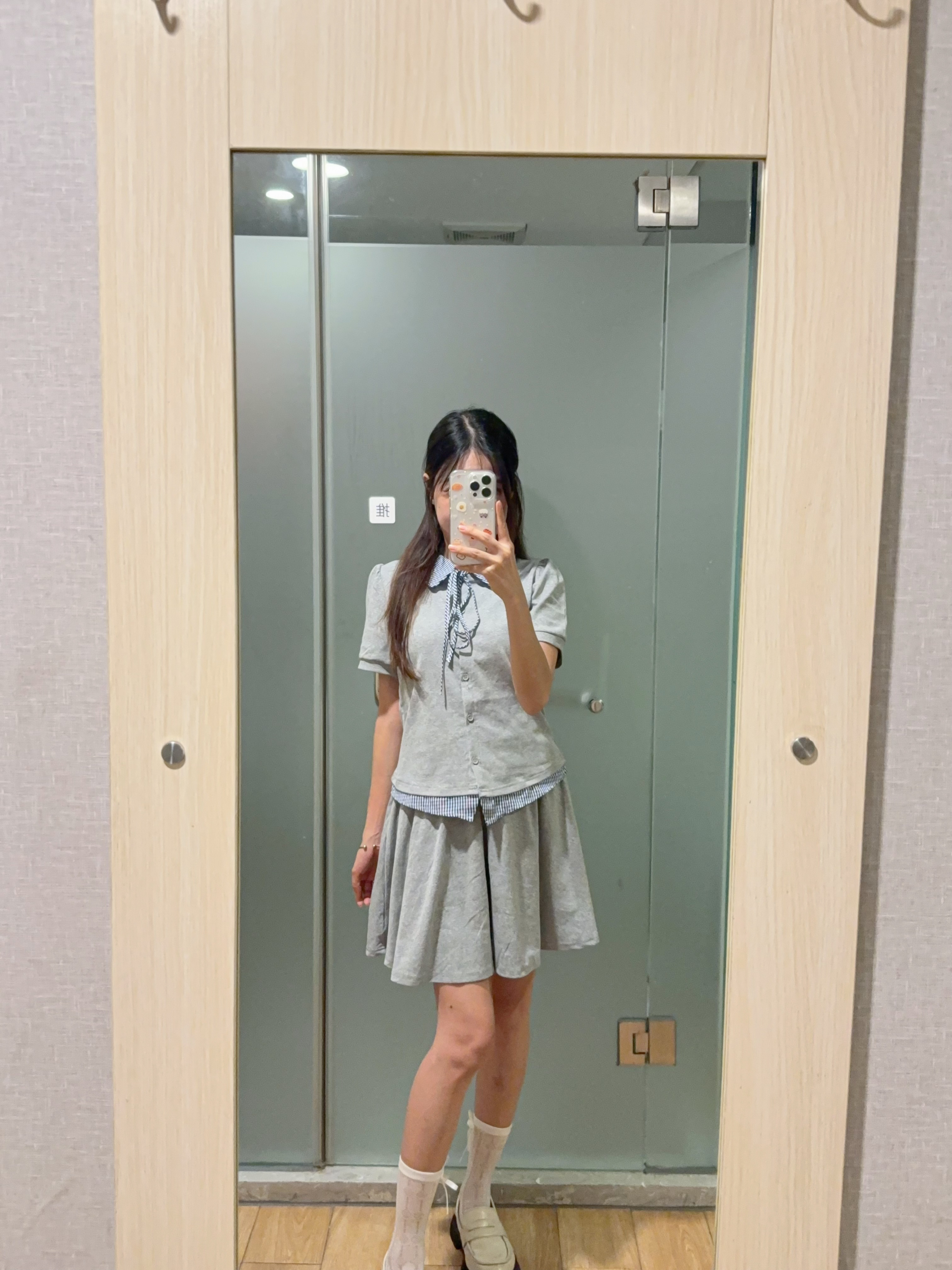 韩系翻领格纹假两件上衣+半身裙 两件套 R2975