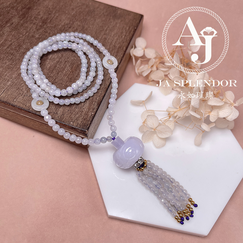 JN-H25-785 天然翡翠A玉 華麗冰紫回紋珠順利串串金項鏈