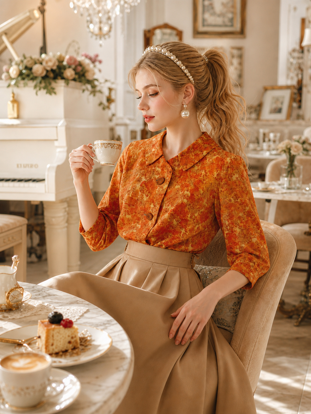 復古午茶橘紅碎花翻領襯衫Aurelia Vintage Floral Blouse