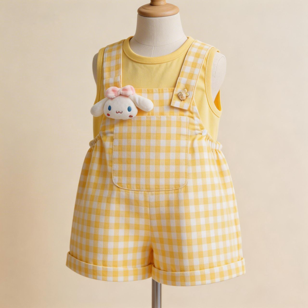 Adorable Yellow Gingham Overalls Set with Plush Character Detail
