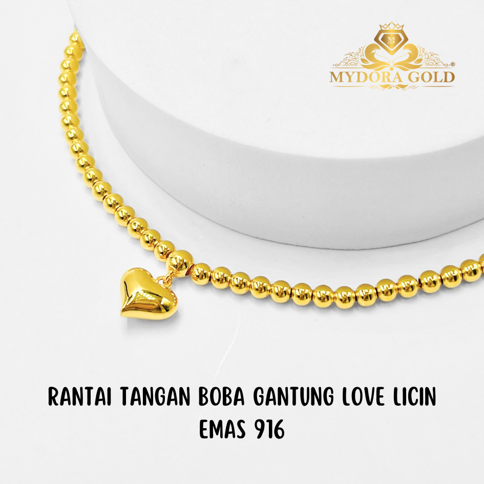 MYDORA Rantai Tangan Boba Gantung Love Licin l EMAS 916/22K