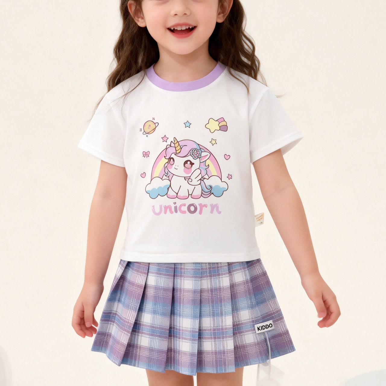 101860 | Kiddo Girl's Unicorn Graphic Tee and Plaid Skirt Set