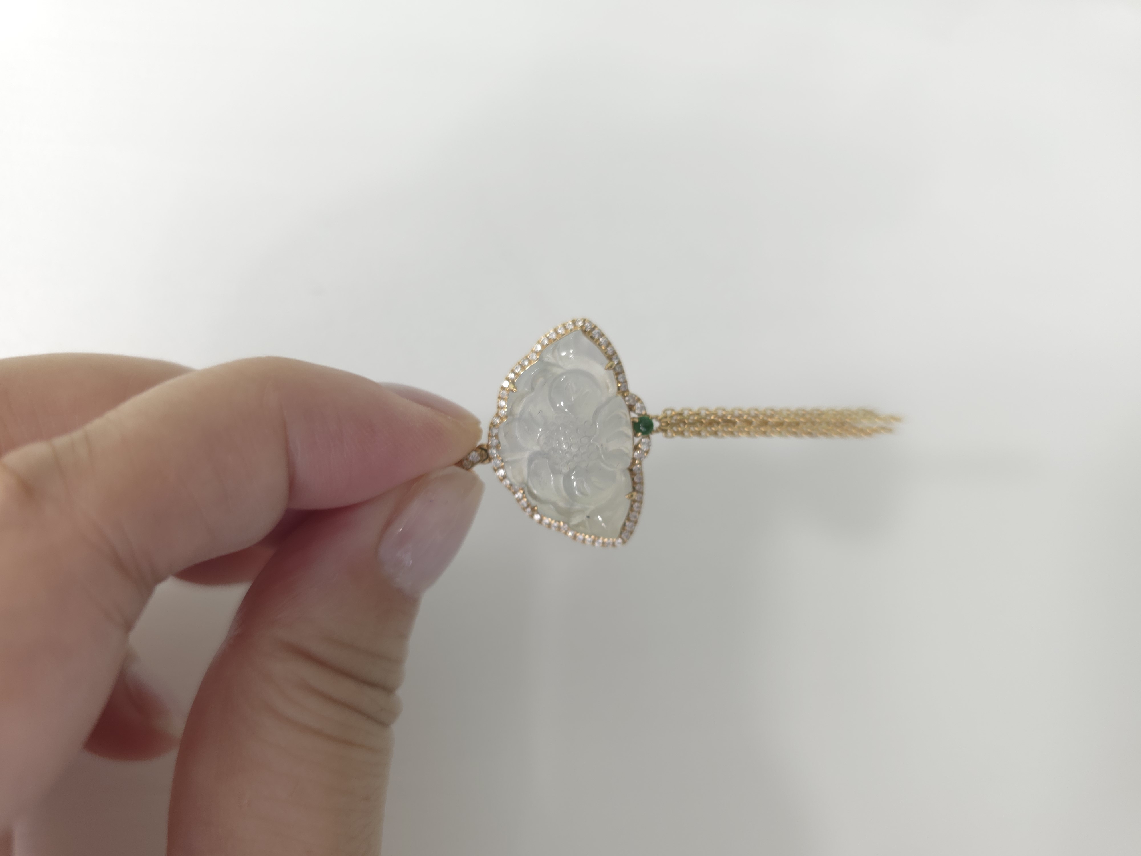 18K緬甸白冰翡翠鑽石吊墜