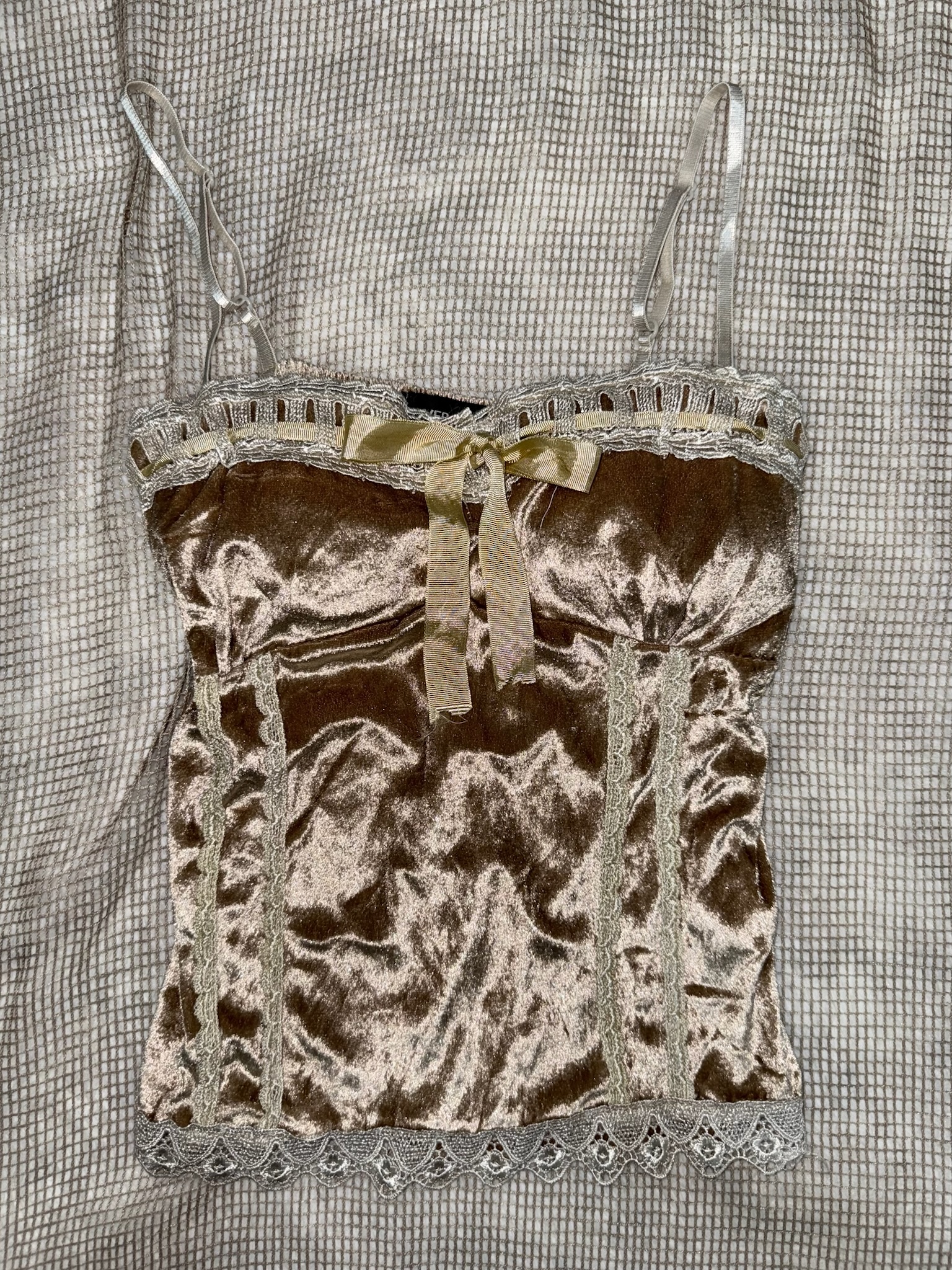 Crushed Velvet Bustier Cami with Lace Trim and Ribbon Bow