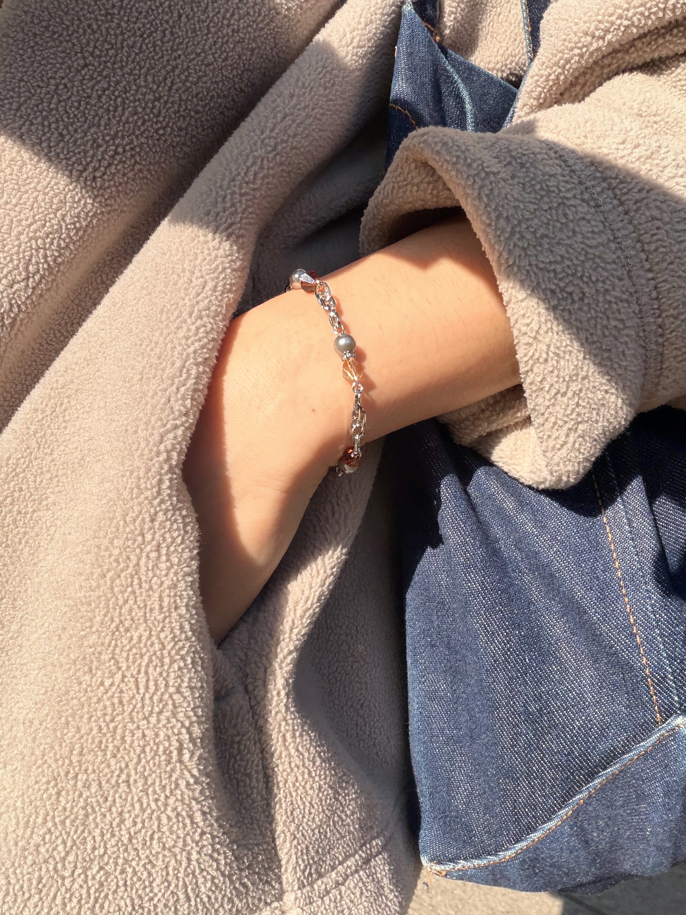 復古款水晶手鍊/棕色x銀色