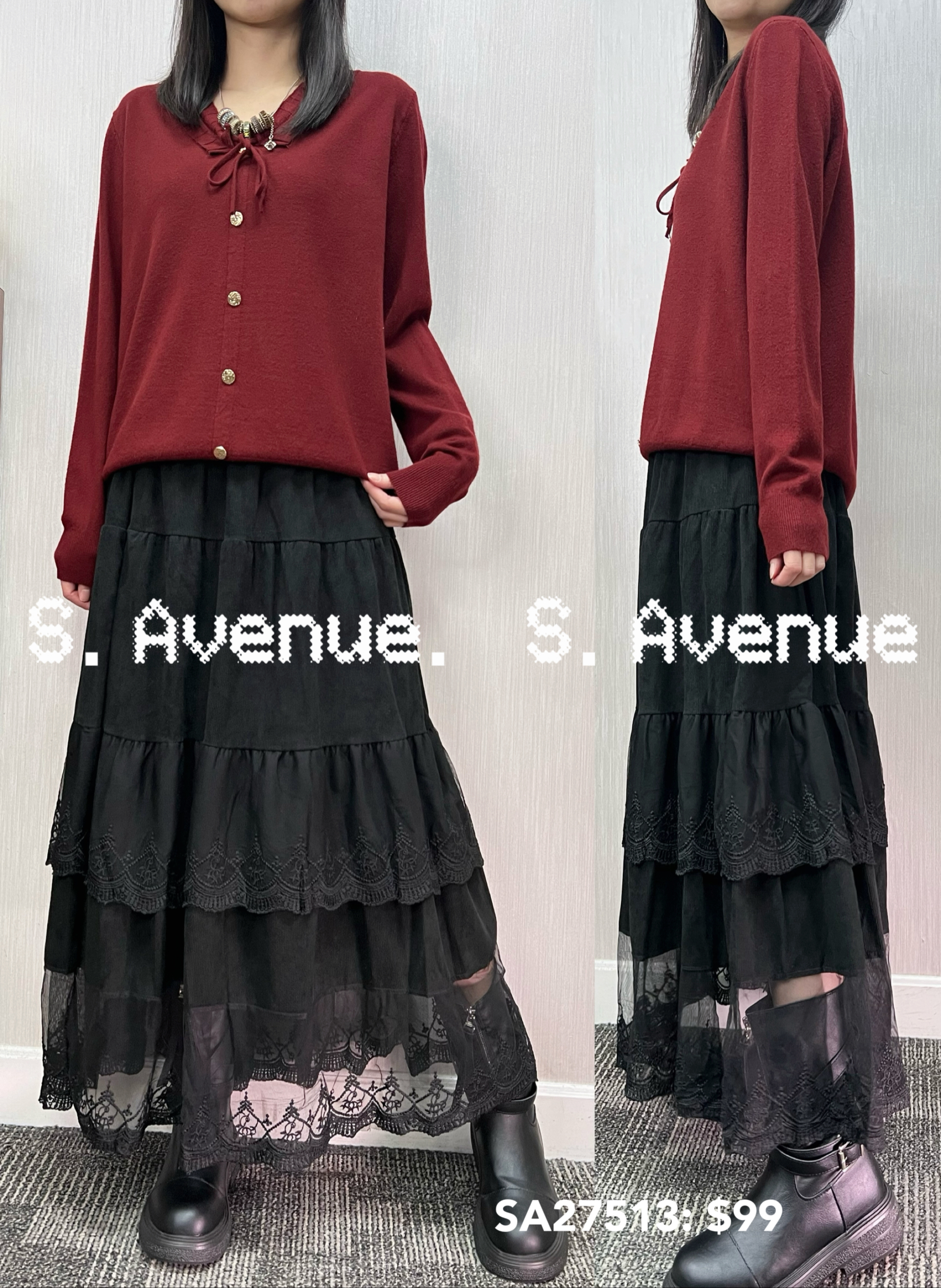 SA27513: 長袖V領綁帶假鈕top