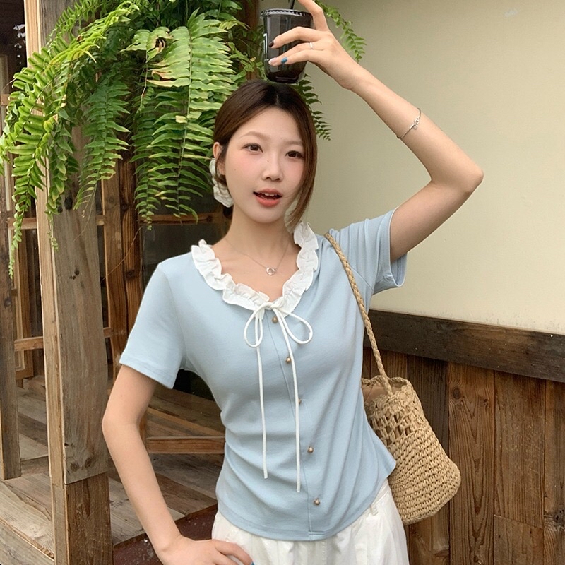 B270(36800) 韩系甜美风撞色云朵木耳边领系带3色上衣