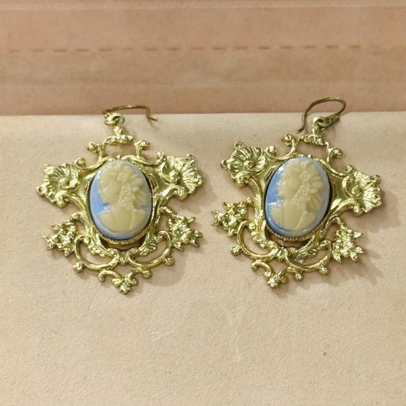Blue Glass Cameo Hook Earrings (C032)