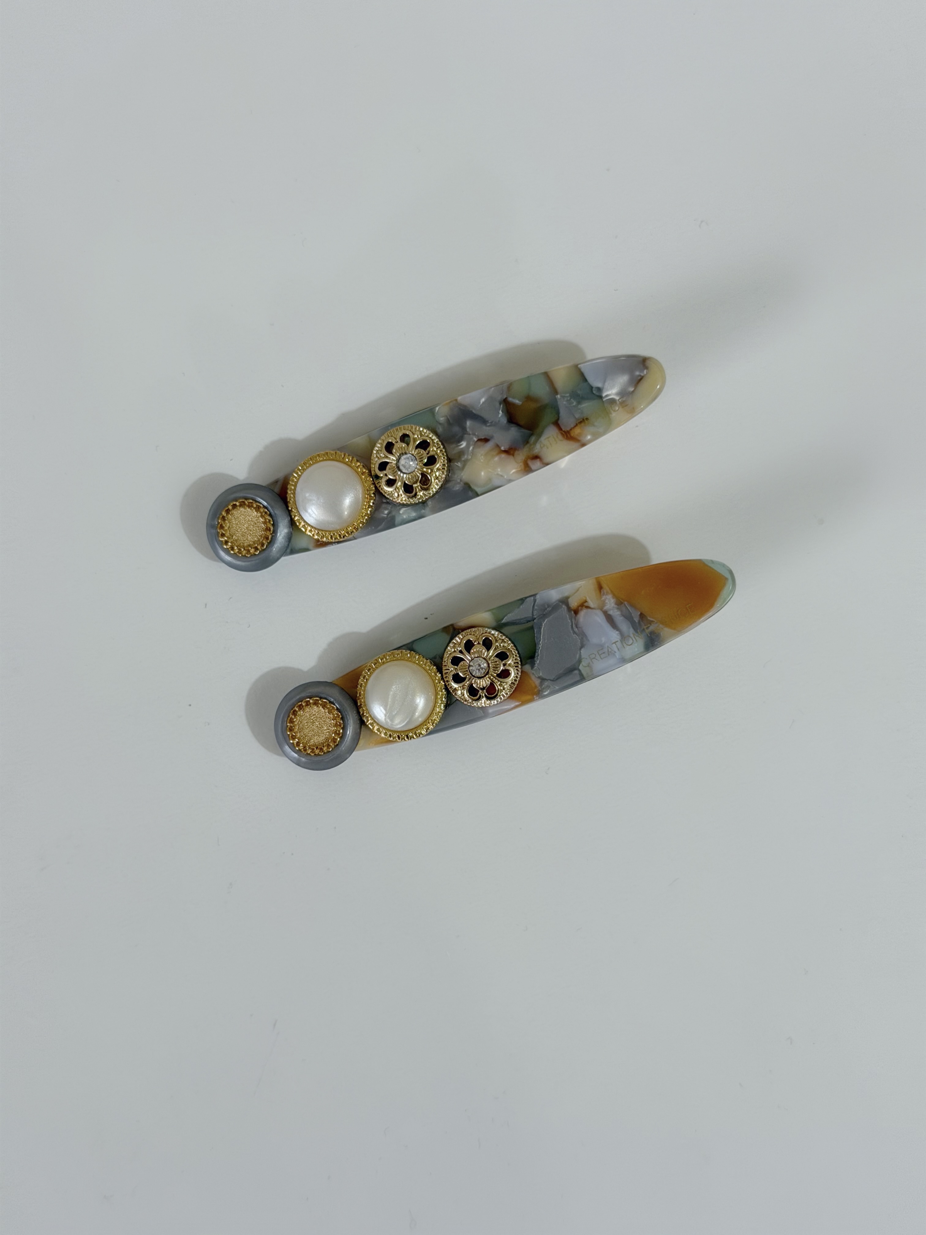 復古鈕扣髮夾/珍珠橙綠混色夾 6cm長
