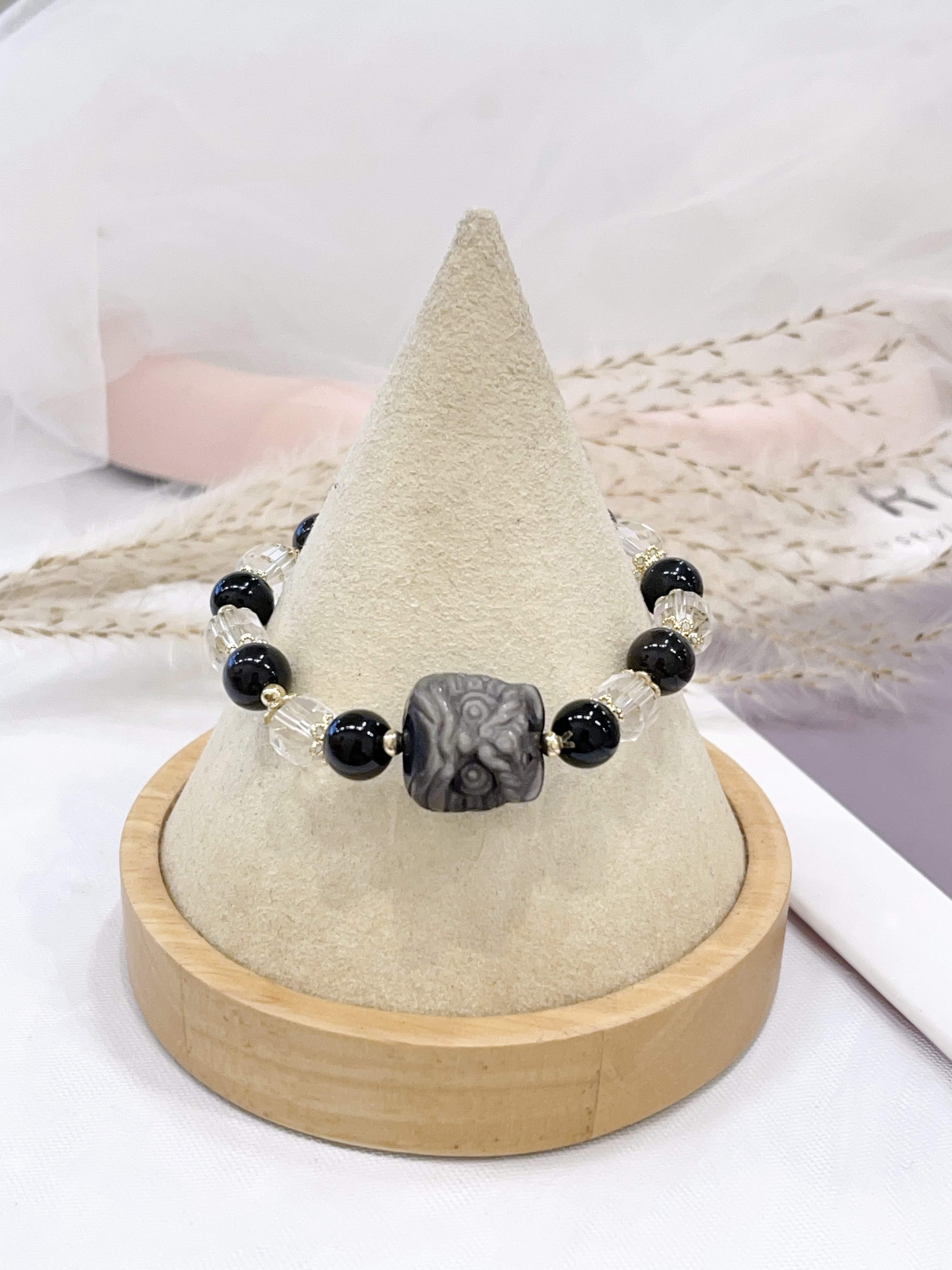 🦁 银耀石醒狮 × 黑曜石 × 白水晶手串  Silver Sheen Obsidian Lion & Obsidian & Clear Quartz｜守护能量