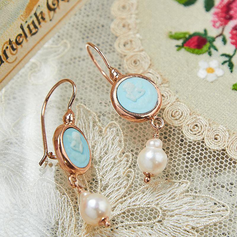 Italian Handcrafted Turquoise Paste Cherub Cameo Dangle Pearl Earrings(NHMA18)