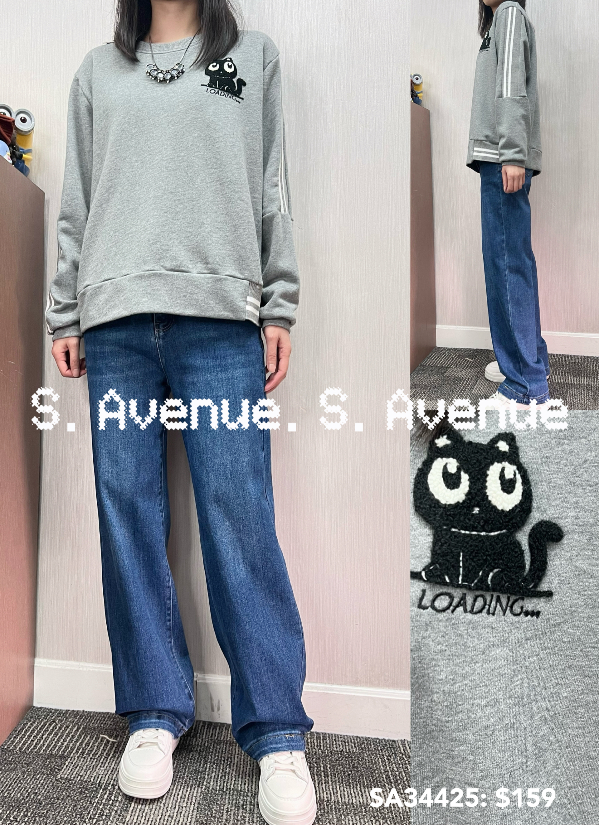 SA34425: 長袖繡小貓袖白邊衞衣