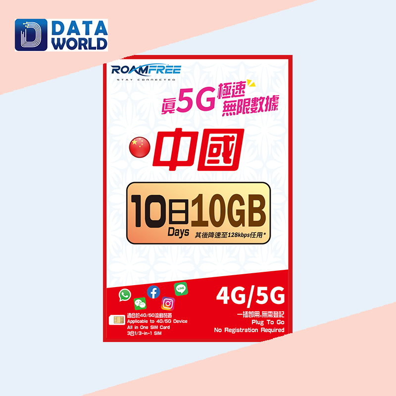 Roamfree X 3HK 4G/5G 中國內地10日10GB無限數據卡