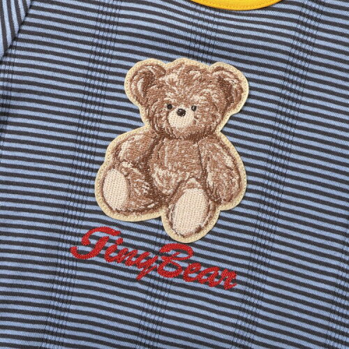 🆕【⭐訂購⭐】🇯🇵日本直送🌀小熊刺繡貼布 拼色綑邊袖 條紋短袖Tee［3款選］🌀 [ELDA-0279][260530]