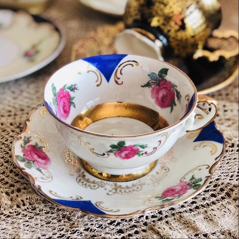 1946-1949 Winterling Germany US Zone Garden Rose and Blue Accented High Raised Pattern Tea Set Duo (MT1681)