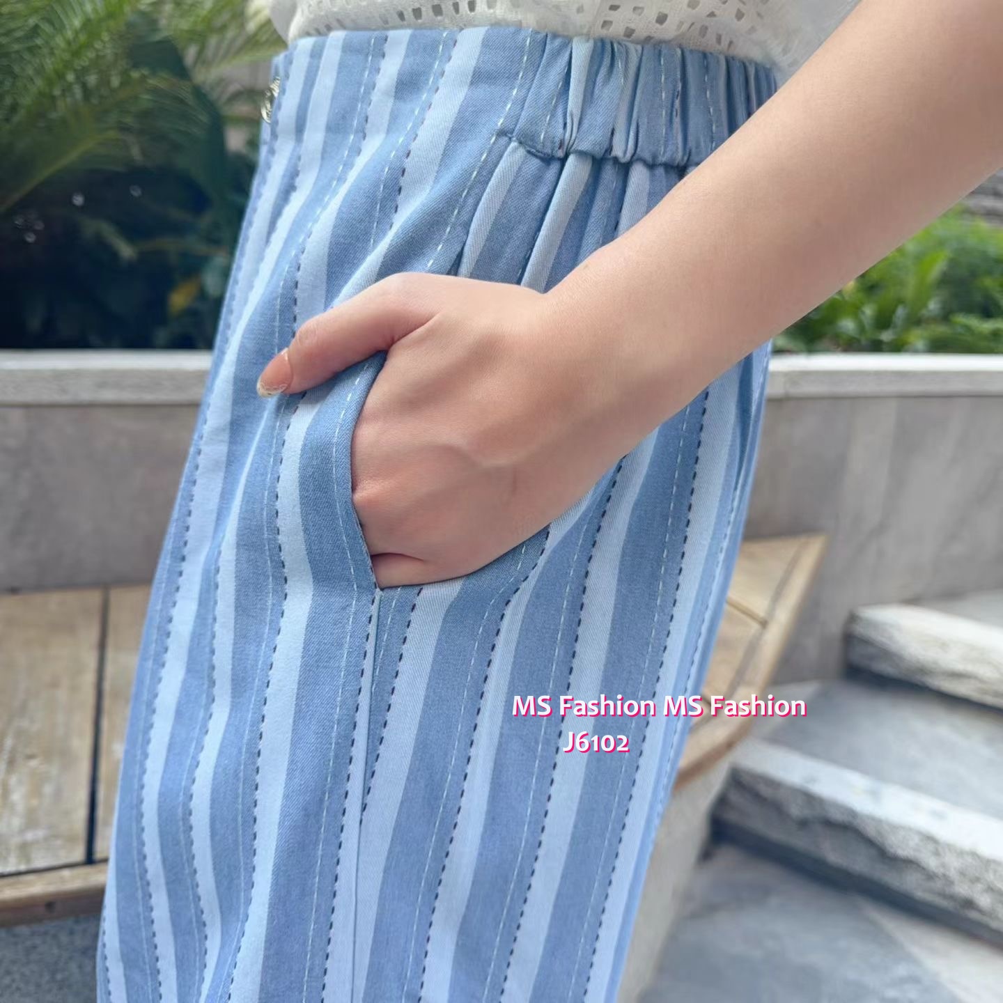J6102 靚色條子闊筒褲