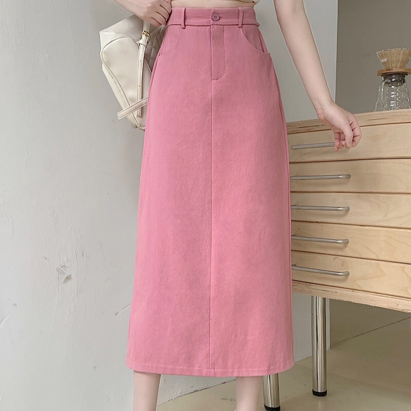 B384(18808) 韩系JEANS甜美风单钮高腰后开角3色长裙 