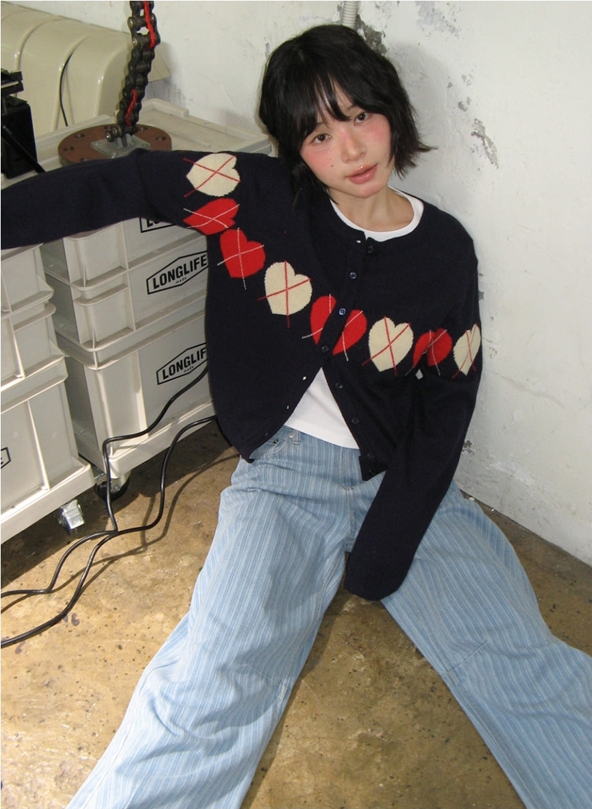 Ron Ron Heart Argyle Line Knit Cardigan