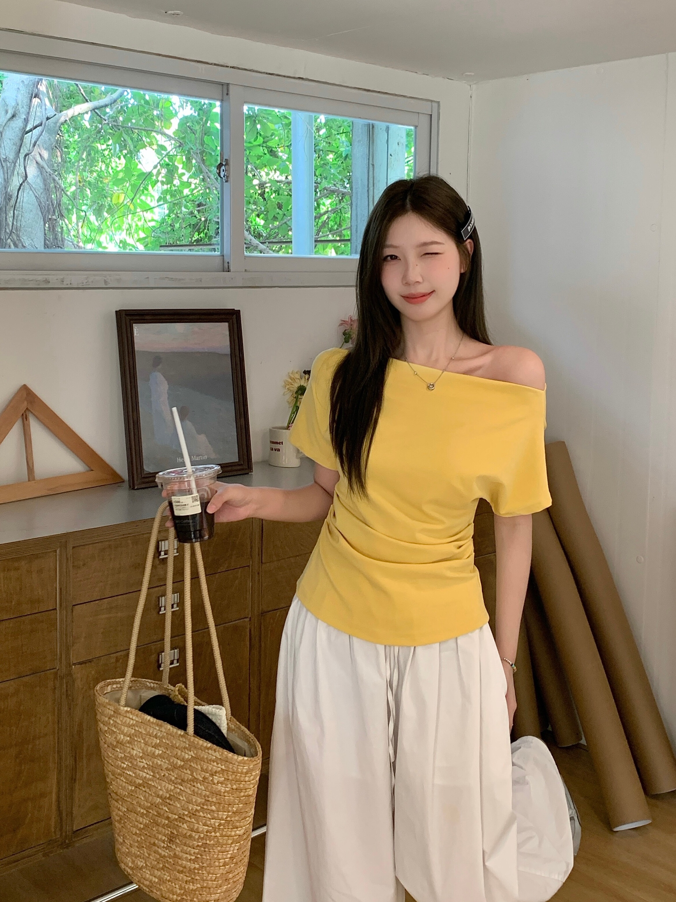 B222(5073) 韩版纯欲风一字肩斜领腰褶皱纯色或条纹4色上衣