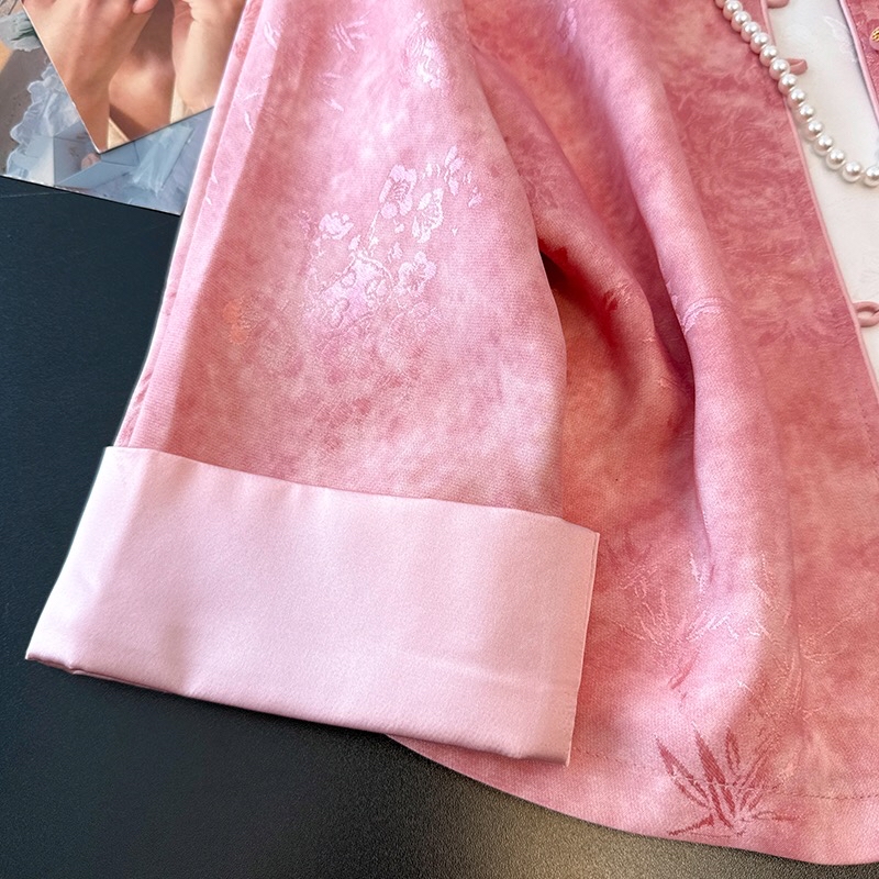 B265(0190外套) 新中式薄款古典碎花提花粉外套上衣 