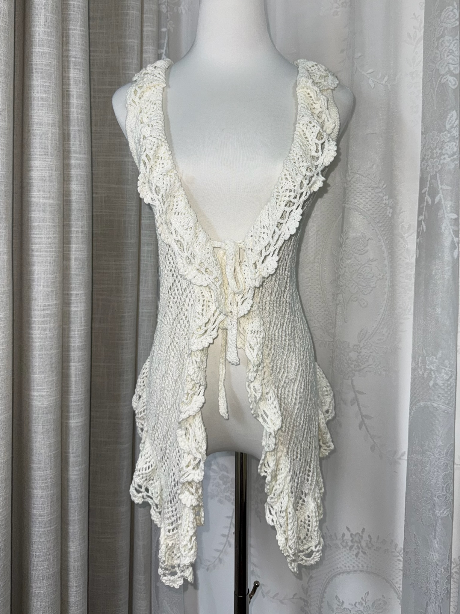 Boho Crochet Lace Ruffle Tie-Front Vest
