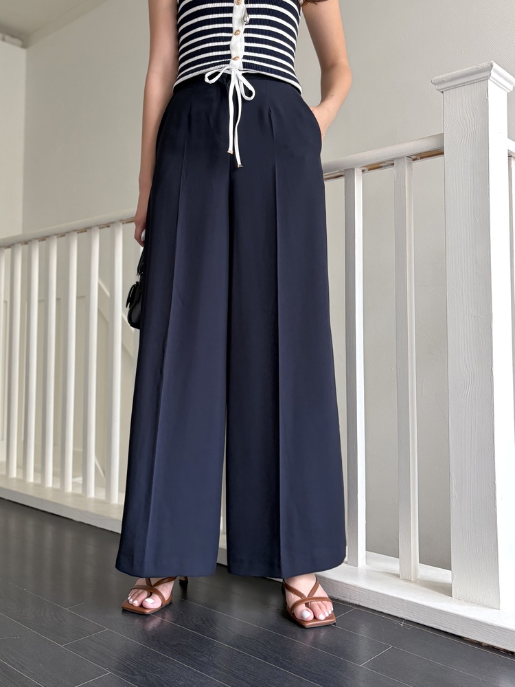 [超涼!!] Contrast Belt Wide Leg Slacks (Navy)