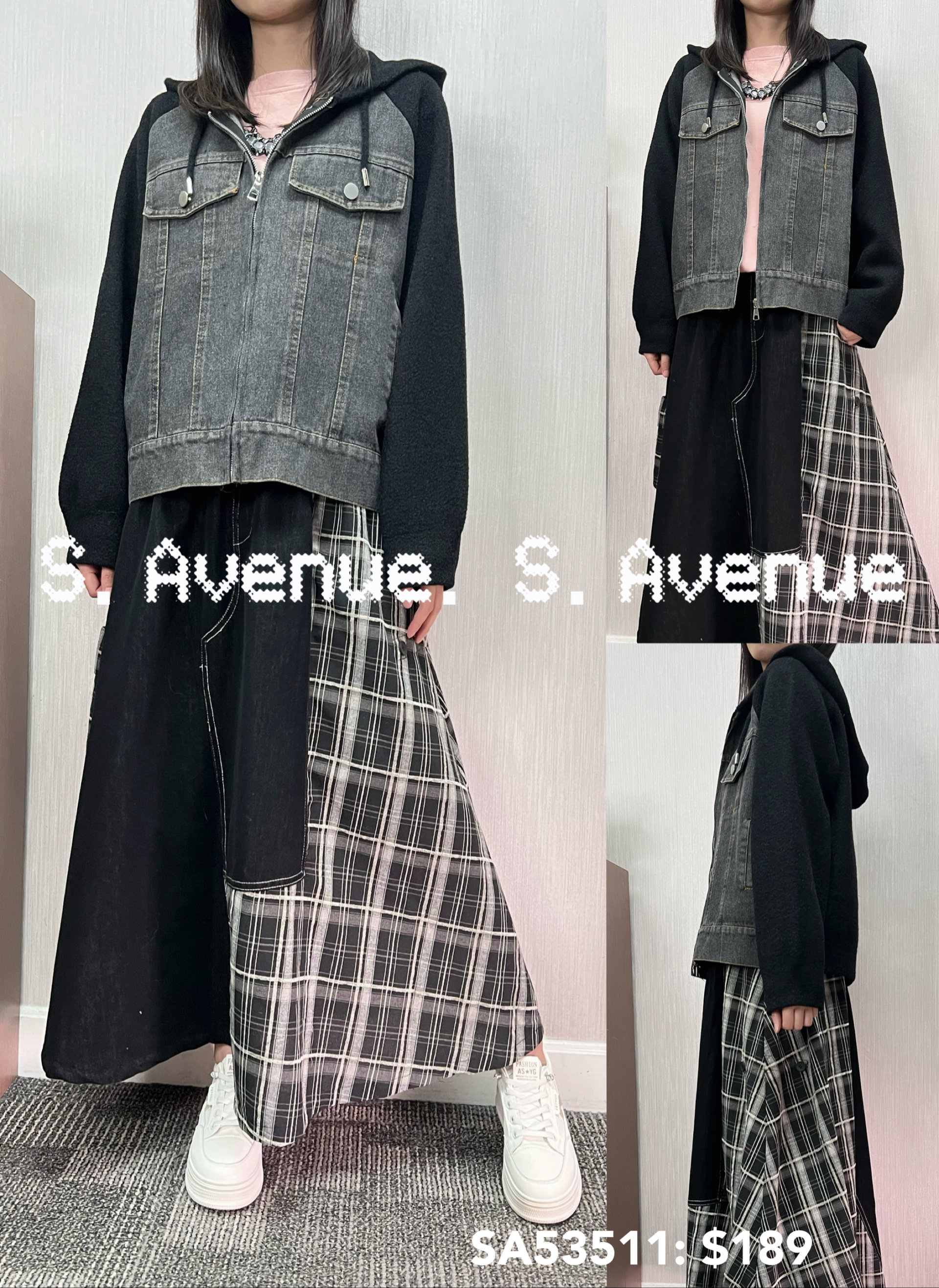 SA53511: 長袖有帽韓國絨拼牛仔拉錬褸