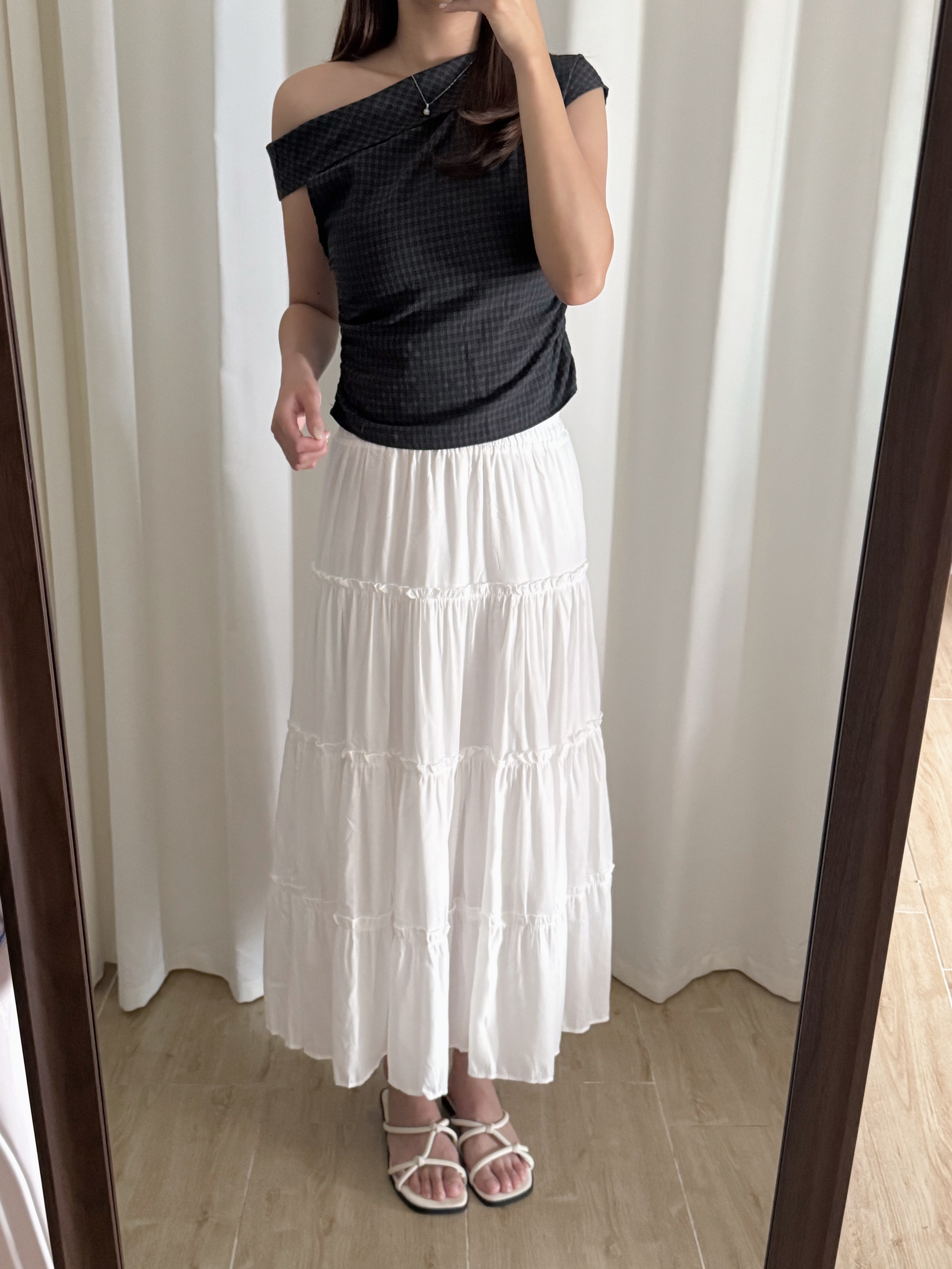 格子斜肩短袖上衣(兩色入)