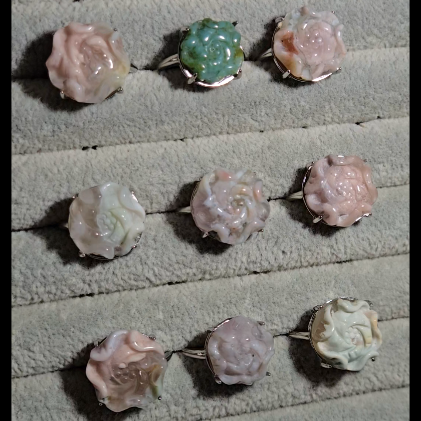Flower agate flower rings in adjustable sterling silver - JW12