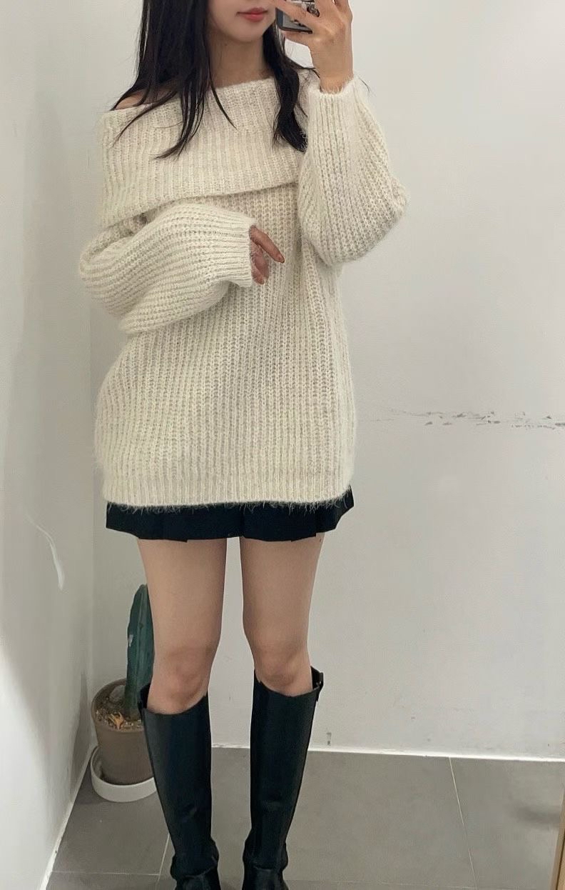 【 Goodbye Winter,🧸 | 氣質女孩！粒粒混色針織兩穿反領一字膊OPS🤎】 Bear Off Shoulder Ops(兩色入)