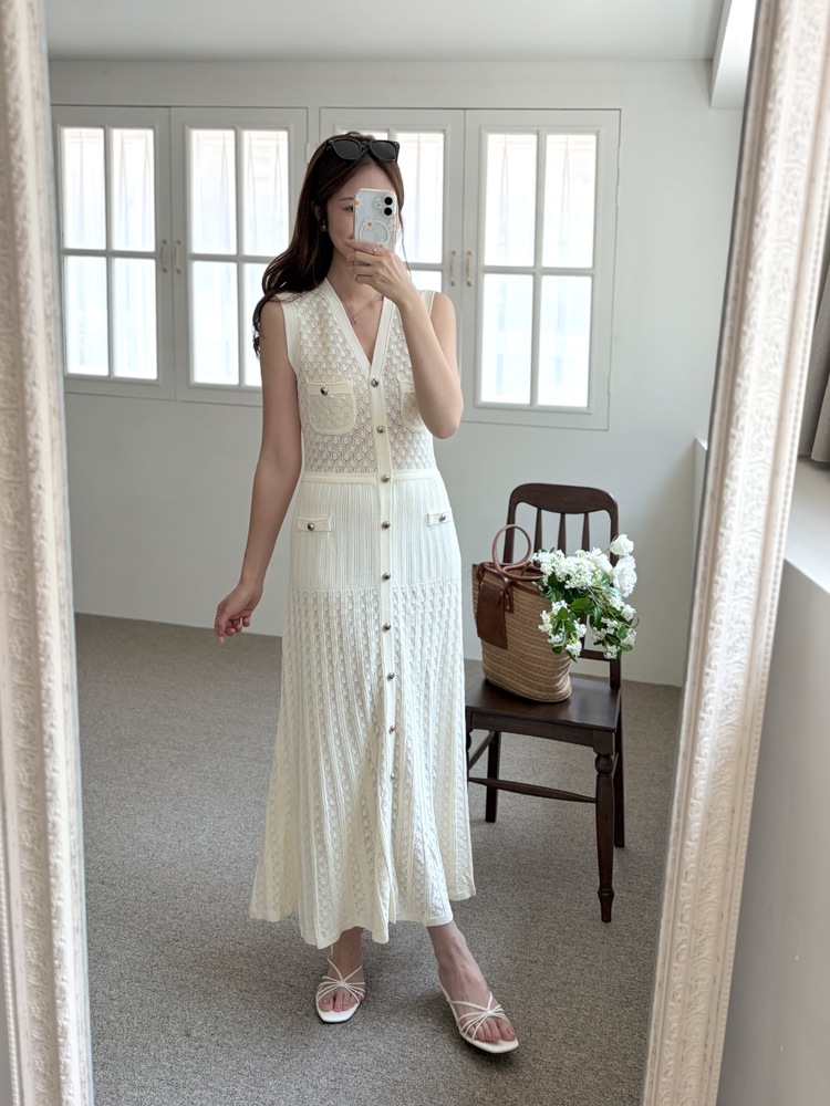 Buttoned Crochet Knit Dress (Ivory)