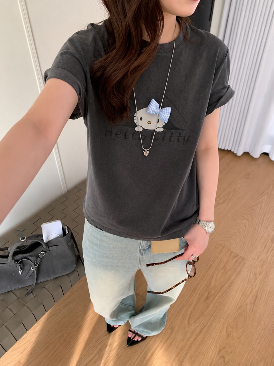 A012282 New Korean-style Oversized Slimming Versatile Crew Neck KT Bow Short Sleeve T-Shirt
