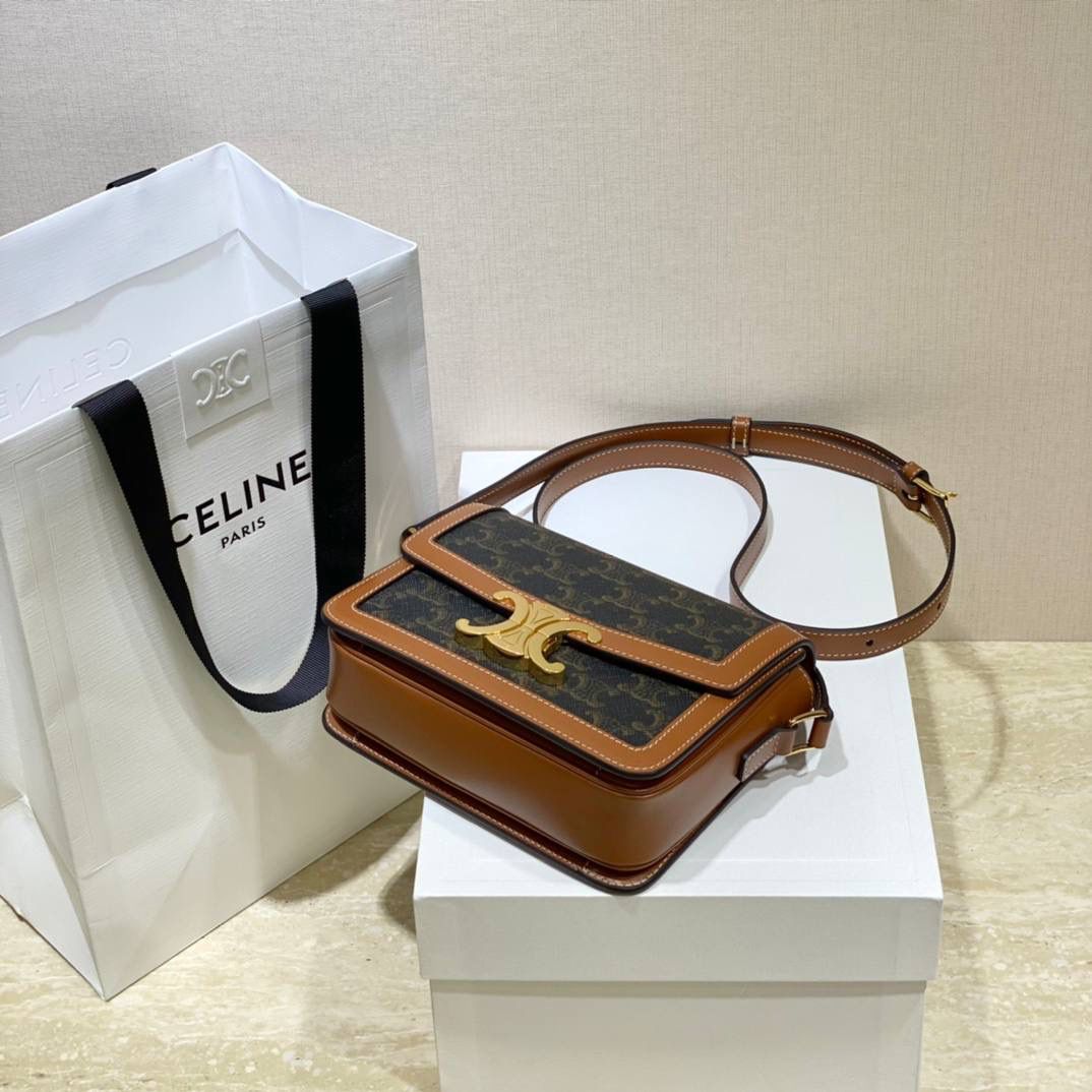 🔥大货实拍图 𝗖𝗘𝗟𝗜𝗡𝗘 ♥ 𝗧𝗥𝗜𝗢𝗠𝗣𝗛𝗘 𝗧𝗘𝗘𝗡 𝗕𝗢𝗫小号 在原来的锁扣上加了CELINE首字母凯旋门扣，完完整整的巴黎血液注入啊！将复古元素与品牌一向拿手的利落线条相结合，气质 高贵！ 型号：188882 小号尺寸：18.5*14*6cm