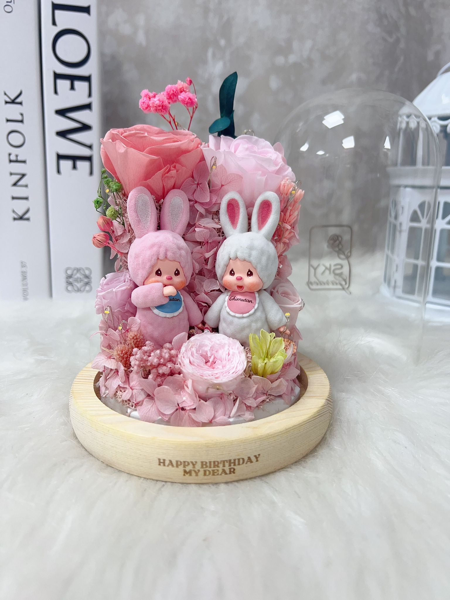 Monchhichi 蒙奇奇粉紅玫瑰永生花玻璃罩