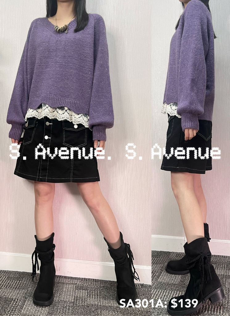 SA301A: 長袖燈籠袖V領腳lace冷衫