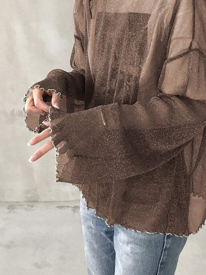 （多色）閃亮透視長袖上衣