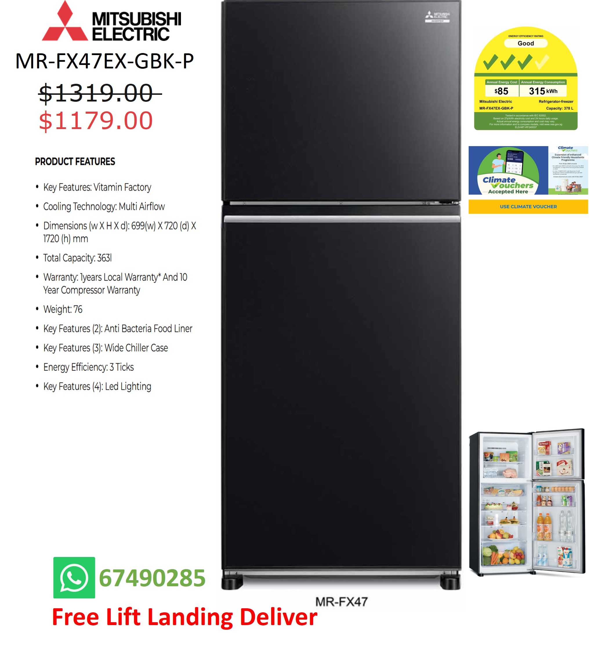 MITSUBISHI MR-FX47EX-GBK-P 2 DOOR REFRIGERATORS (378L)