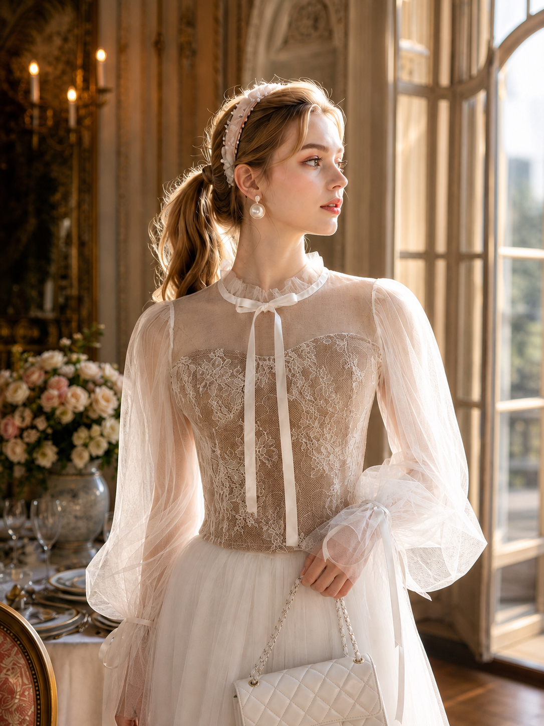 維多利亞蕾絲輕紗公主泡泡袖禮服 Victorian Ethereal Lace Princess Gown